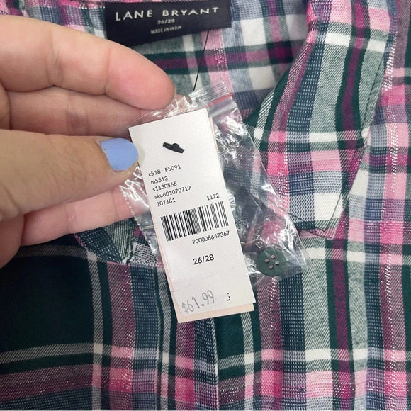 NWT Lane Bryant Pink Green Plaid Long Sleeve Button Blouse Roll Tab Sleeve 26/28 - Picture 3 of 6